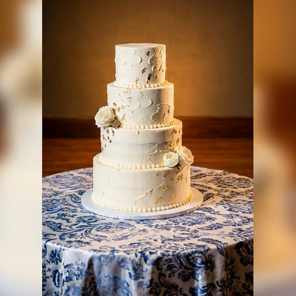 Five-tier white wedding cake with gold flakes and white roses on a blue patterned tablecloth.