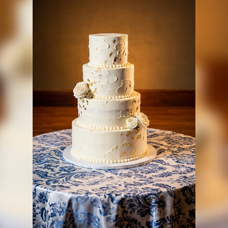 Five-tier white wedding cake with gold flakes and white roses on a blue patterned tablecloth.