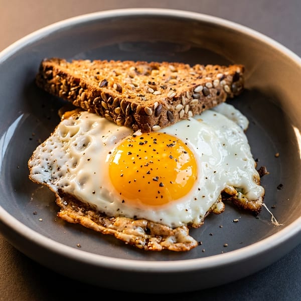 A fried egg with a bright yellow yolk and black pepper, served with a slice of seeded toast in a gray bowl.