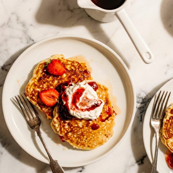 Two plates of pancakes with strawberries, whipped cream, and jam on a marble counter.