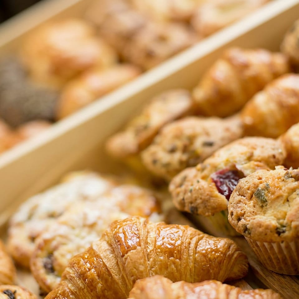Close-up of a wooden tray filled with golden croissants and assorted muffins.